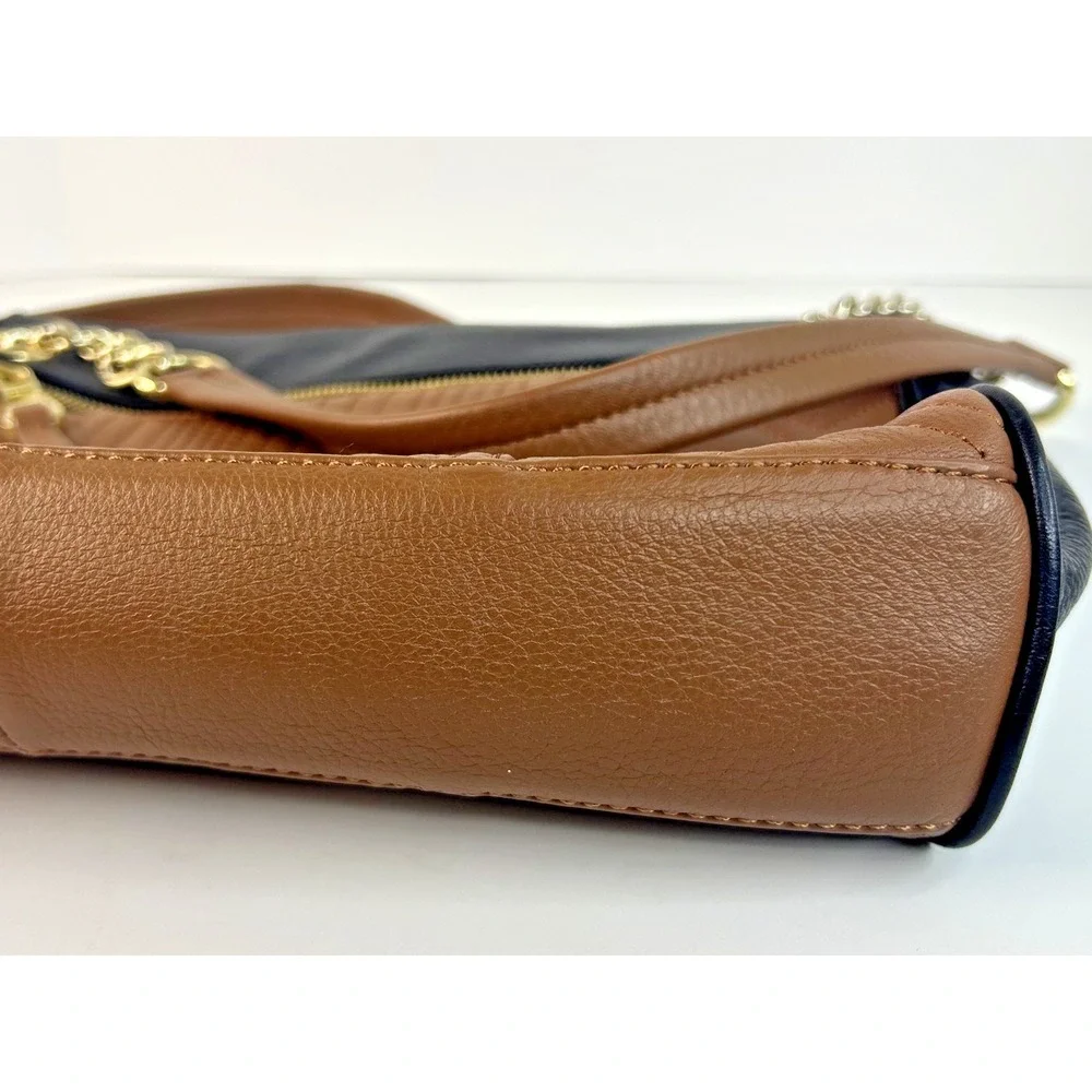 Calvin Klein Black Brown Leather Shoulder Bag Medium Quilted Chain Satchel Purse